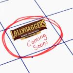 A white calendar background with a sign that reads, "Lollygaggers Bar & Grill Dunnellon FL" with a coming soon underneath written in red ink.