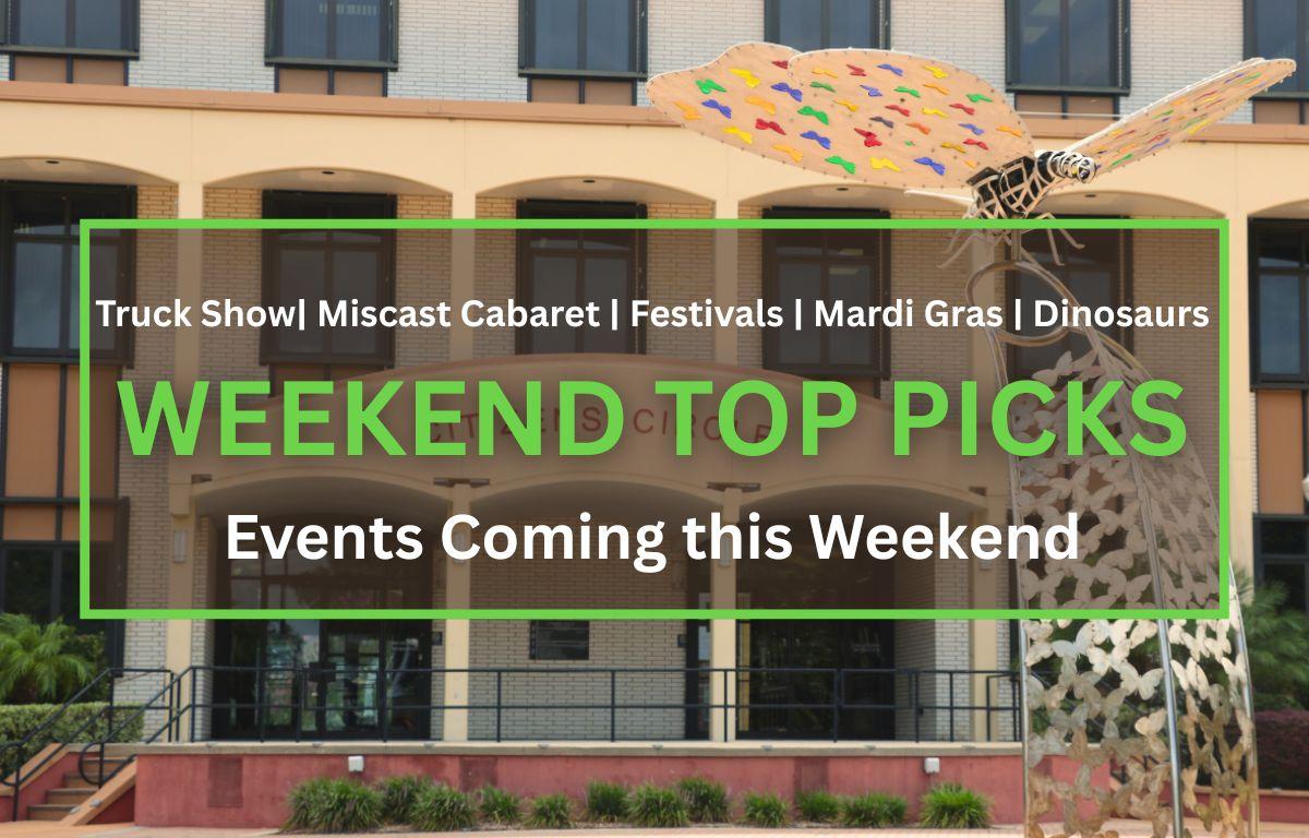 A white and beige brick building with "Citizens' Circle" written on an arch above the two double doors. A metal support with a metal beige and gray butterfly perched on top. In the fireground is a transparent brown box with a green border. Green and white text inside the box that reads, "Truck Shows | Miscast Cabaret | Festivals | Mardi Gras | Dinosaurs. WEEKEND TOP PICKS. Events Coming this Weekend."