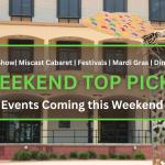 A white and beige brick building with "Citizens' Circle" written on an arch above the two double doors. A metal support with a metal beige and gray butterfly perched on top. In the fireground is a transparent brown box with a green border. Green and white text inside the box that reads, "Truck Shows | Miscast Cabaret | Festivals | Mardi Gras | Dinosaurs. WEEKEND TOP PICKS. Events Coming this Weekend."