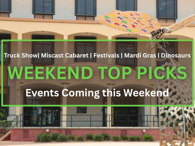 A white and beige brick building with "Citizens' Circle" written on an arch above the two double doors. A metal support with a metal beige and gray butterfly perched on top. In the fireground is a transparent brown box with a green border. Green and white text inside the box that reads, "Truck Shows | Miscast Cabaret | Festivals | Mardi Gras | Dinosaurs. WEEKEND TOP PICKS. Events Coming this Weekend."