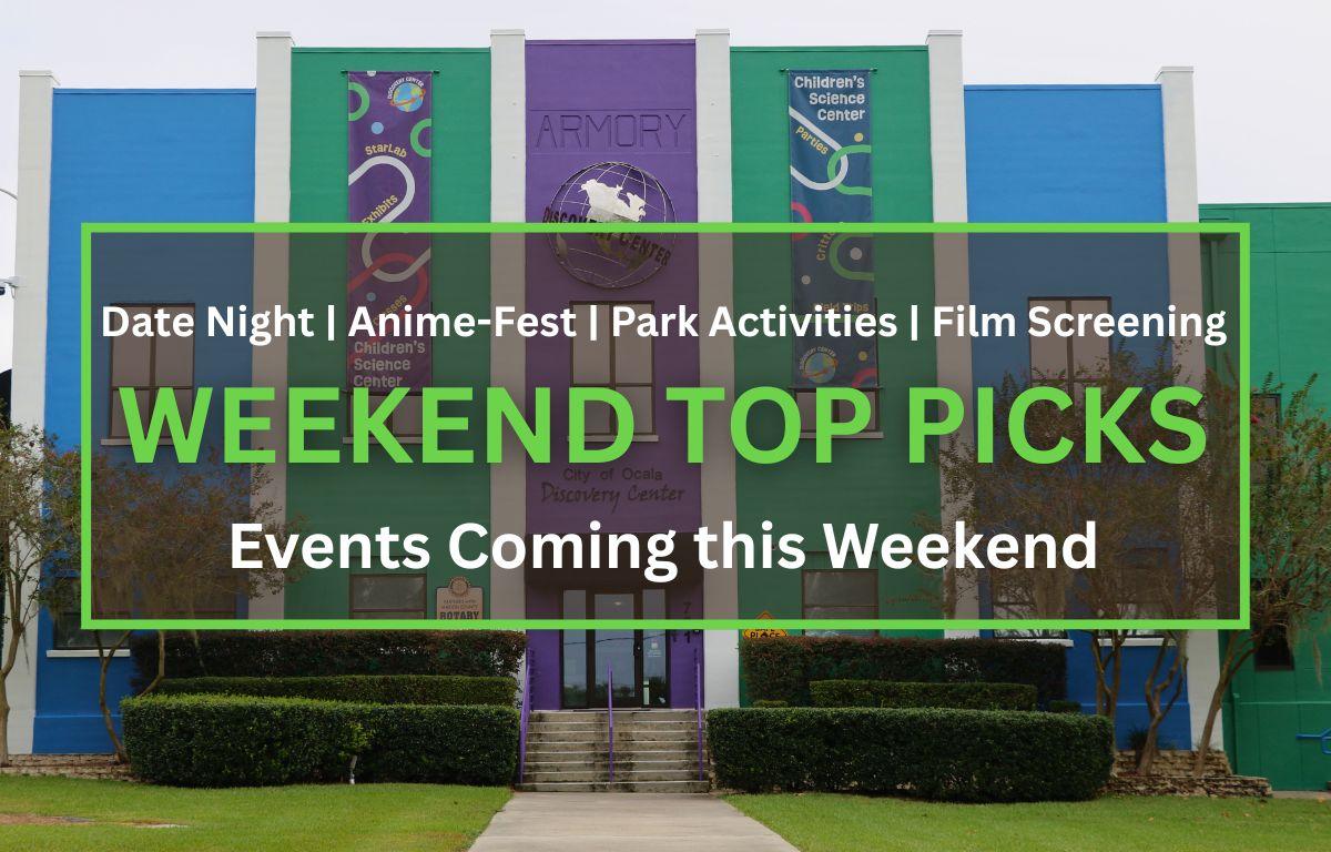 A building featuring blue, green and purple walls with designs on them features a sidewalk leading to steps that go up to a glass door. A graphic in the foreground features a transparent brown box with a green border. Green and white text is in the center reading, "Date Night | Anime-Fest | Park Activities | Film Screening. WEEKEND TOP PICKS. Events Coming this Weekend."