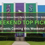 A building featuring blue, green and purple walls with designs on them features a sidewalk leading to steps that go up to a glass door. A graphic in the foreground features a transparent brown box with a green border. Green and white text is in the center reading, "Date Night | Anime-Fest | Park Activities | Film Screening. WEEKEND TOP PICKS. Events Coming this Weekend."