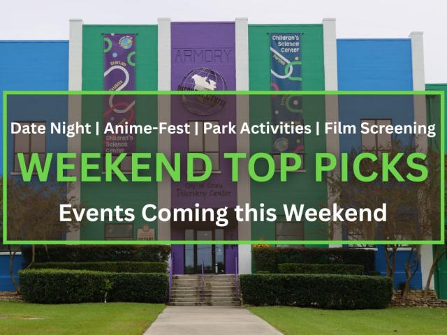 A building featuring blue, green and purple walls with designs on them features a sidewalk leading to steps that go up to a glass door. A graphic in the foreground features a transparent brown box with a green border. Green and white text is in the center reading, "Date Night | Anime-Fest | Park Activities | Film Screening. WEEKEND TOP PICKS. Events Coming this Weekend."
