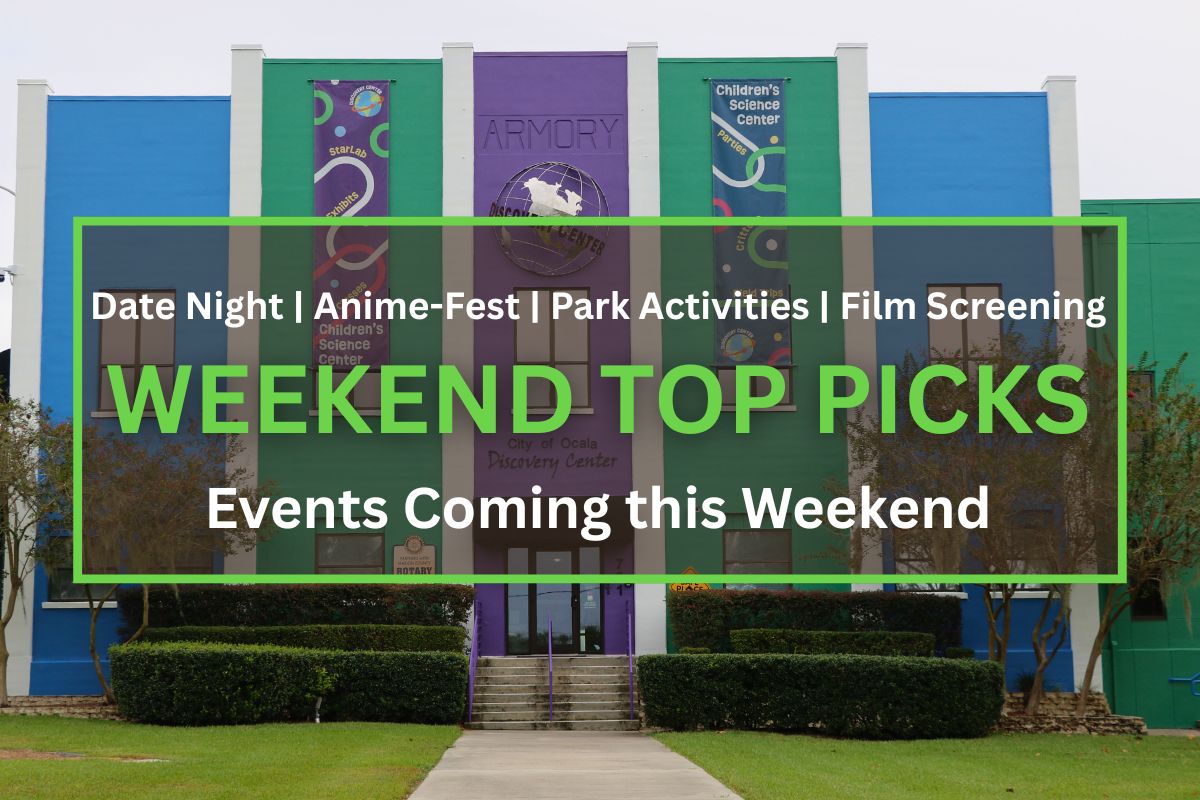 A building featuring blue, green and purple walls with designs on them features a sidewalk leading to steps that go up to a glass door. A graphic in the foreground features a transparent brown box with a green border. Green and white text is in the center reading, "Date Night | Anime-Fest | Park Activities | Film Screening. WEEKEND TOP PICKS. Events Coming this Weekend."