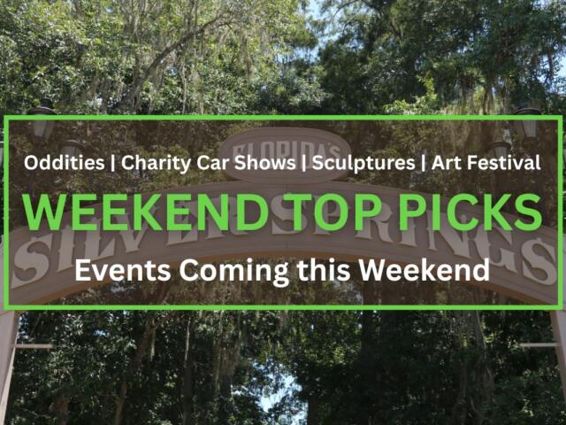 A brown sign reads, "Florida's Silver Springs" in bold white letters with trees surrounding it. A graphic in the foreground features a transparent brown box with a green border. Green and white text is in the center reading, "Oddities | Charity Car Shows | Sculptures | Art Festival. WEEKEND TOP PICKS. Events Coming this Weekend."