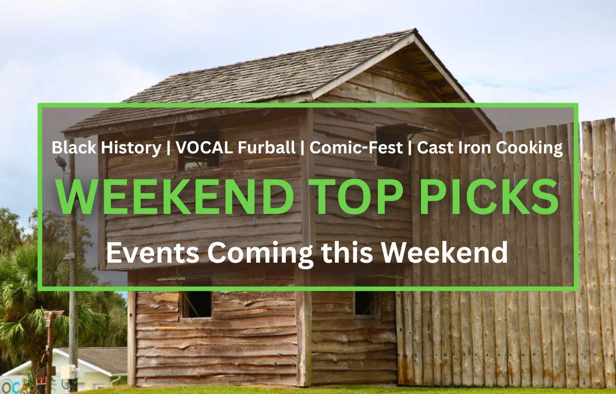 A large, wooden watch tower features four open windows and a wall attached to it. Surrounding the walls are open fields. In the foreground is a brown box with a green border. White and green text inside of the box read, "Black History | VOCAL Furball | Comic-Fest | Cast Iron Cooking. WEEKEND TOP PICKS. Events Coming this Weekend."