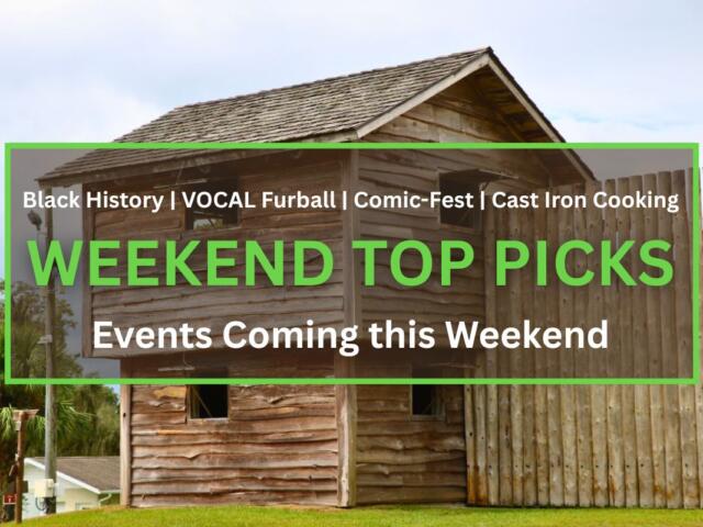 A large, wooden watch tower features four open windows and a wall attached to it. Surrounding the walls are open fields. In the foreground is a brown box with a green border. White and green text inside of the box read, "Black History | VOCAL Furball | Comic-Fest | Cast Iron Cooking. WEEKEND TOP PICKS. Events Coming this Weekend."