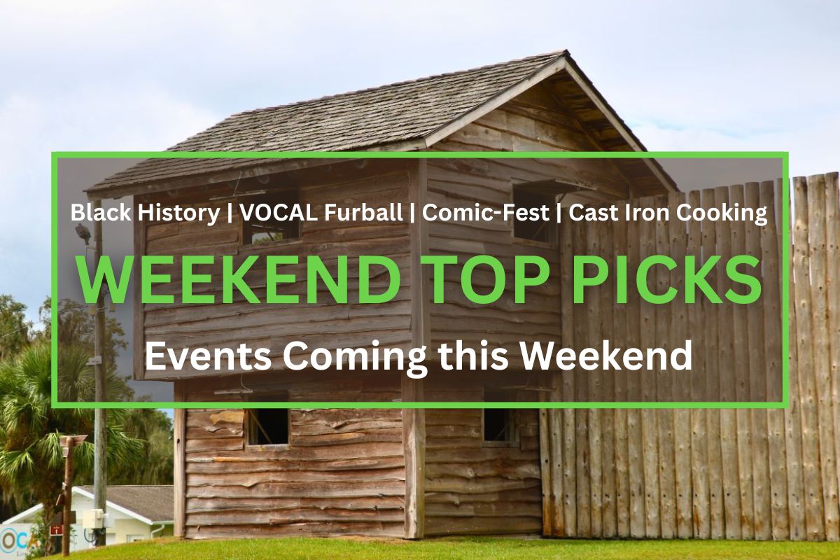 A large, wooden watch tower features four open windows and a wall attached to it. Surrounding the walls are open fields. In the foreground is a brown box with a green border. White and green text inside of the box read, "Black History | VOCAL Furball | Comic-Fest | Cast Iron Cooking. WEEKEND TOP PICKS. Events Coming this Weekend."
