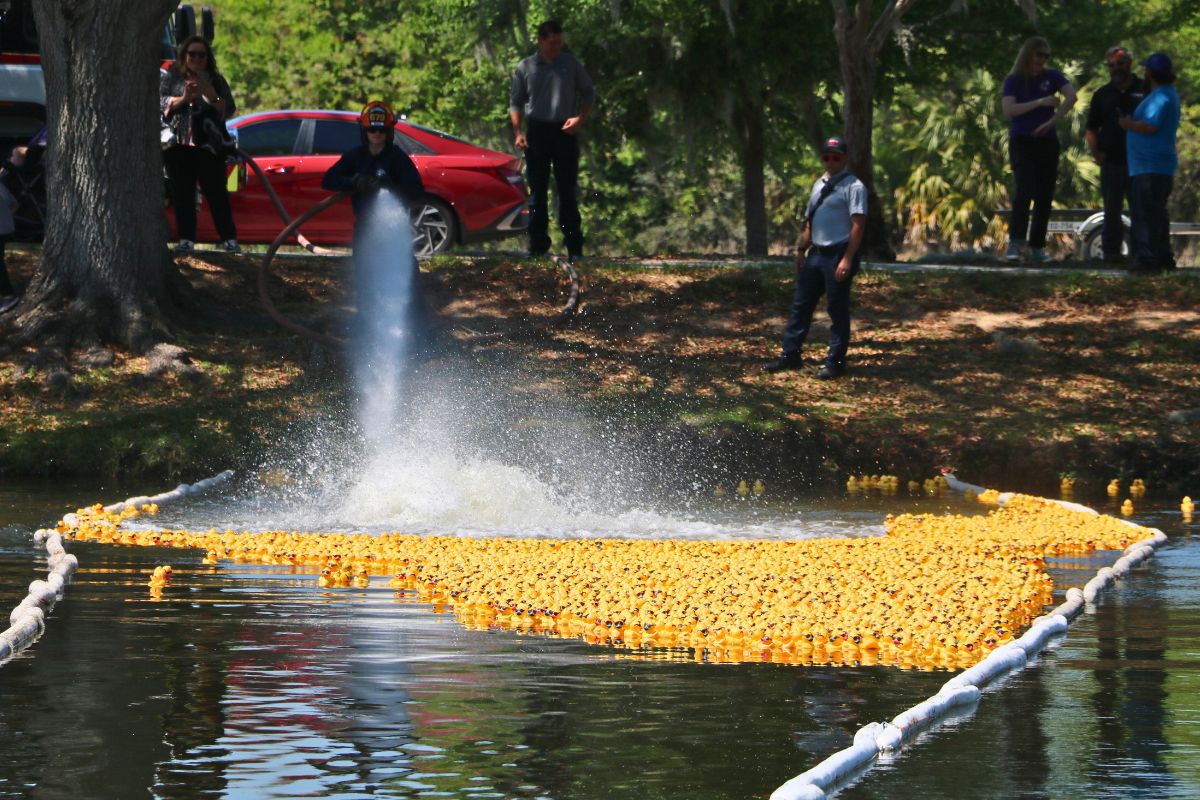 Hundreds of rubber ducks float along a river path marked by a white floating device. A firefighter sprays a strong hose to move them.
