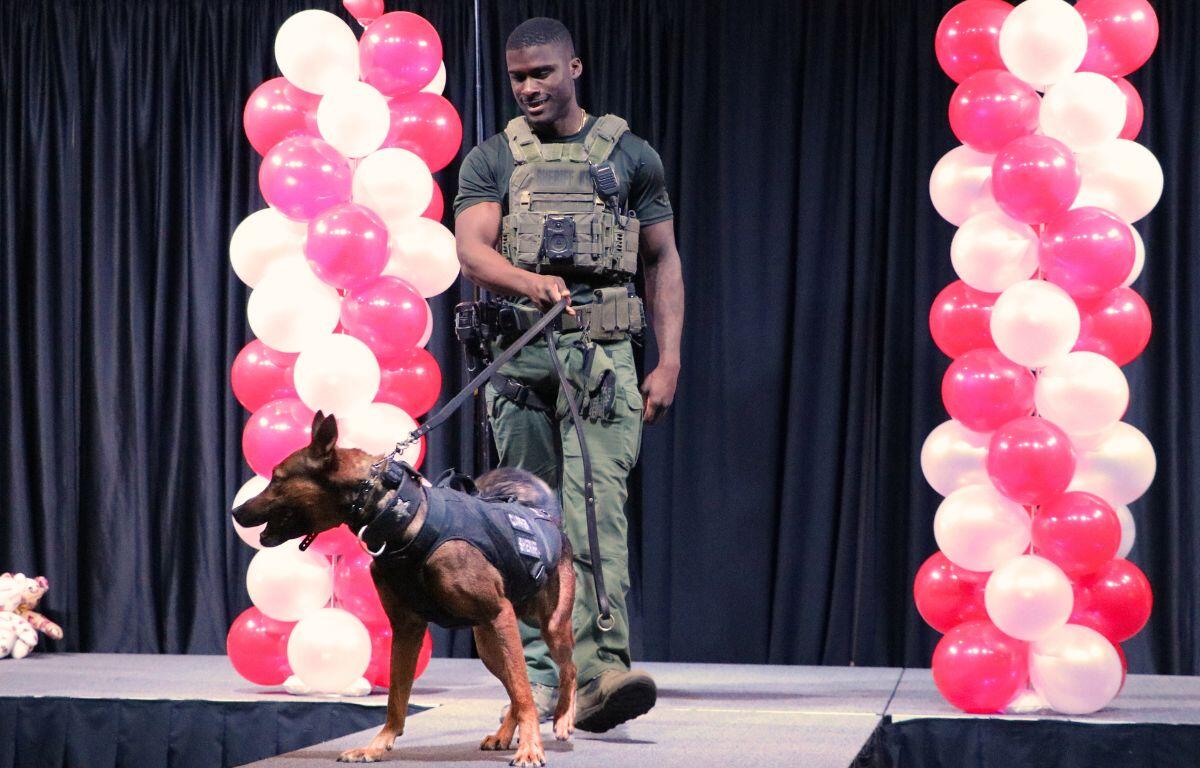 A man in a police uniform walks with a K-9 down a catwalk with ballons on either side of them.