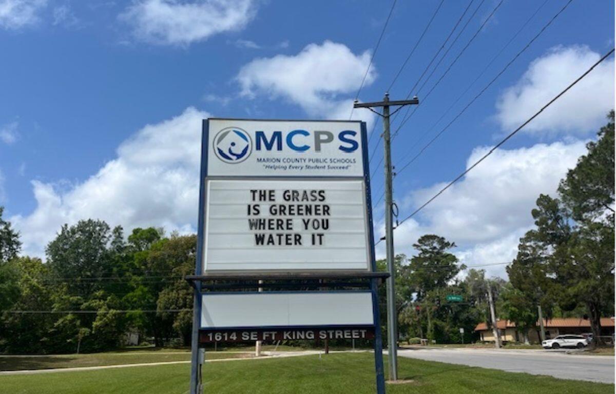 Grass in the foreground, a large sign with a logo and writing, to its immediate right a telephone poll, trees in the background, a hanging street sigh, and cars and building to the right in the background.
