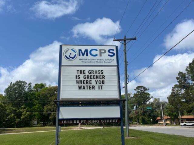 Grass in the foreground, a large sign with a logo and writing, to its immediate right a telephone poll, trees in the background, a hanging street sigh, and cars and building to the right in the background.