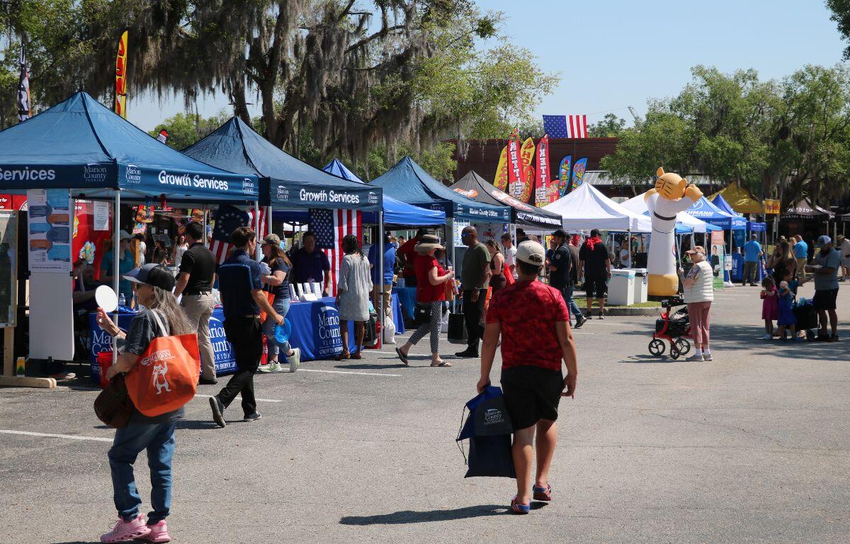 A crowd of people walk through a line of vendors under canopies.