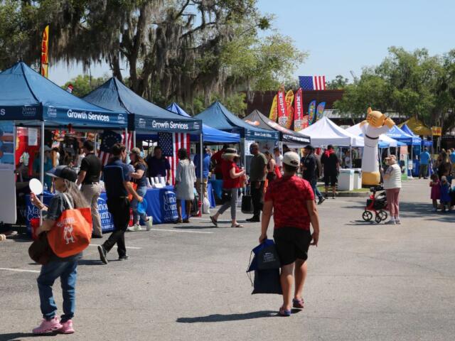 A crowd of people walk through a line of vendors under canopies.