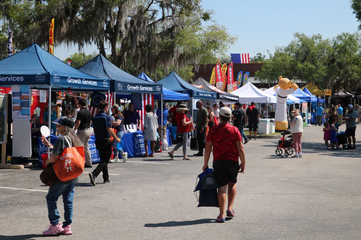 A crowd of people walk through a line of vendors under canopies.