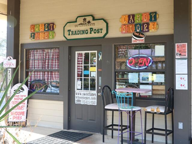The exterior of a candy store features a gray door with two large windows on either side of the door with gray borders. In front of the window on the right is a tall table with three tall seats around it. A palm plant pokes into view in front of the shop. Above the door is a green, wooden sign that reads, "Wilderness Trading Post." On either side of the sign are colorful signs reading, "Sweet Janes Candy Store."