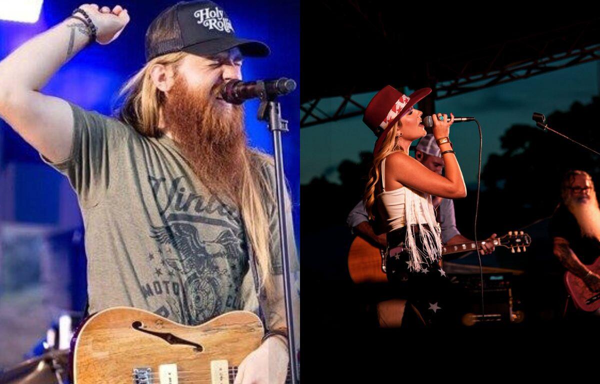 Two colored images side-by-side of a male musician on the left and a female musician on the right.