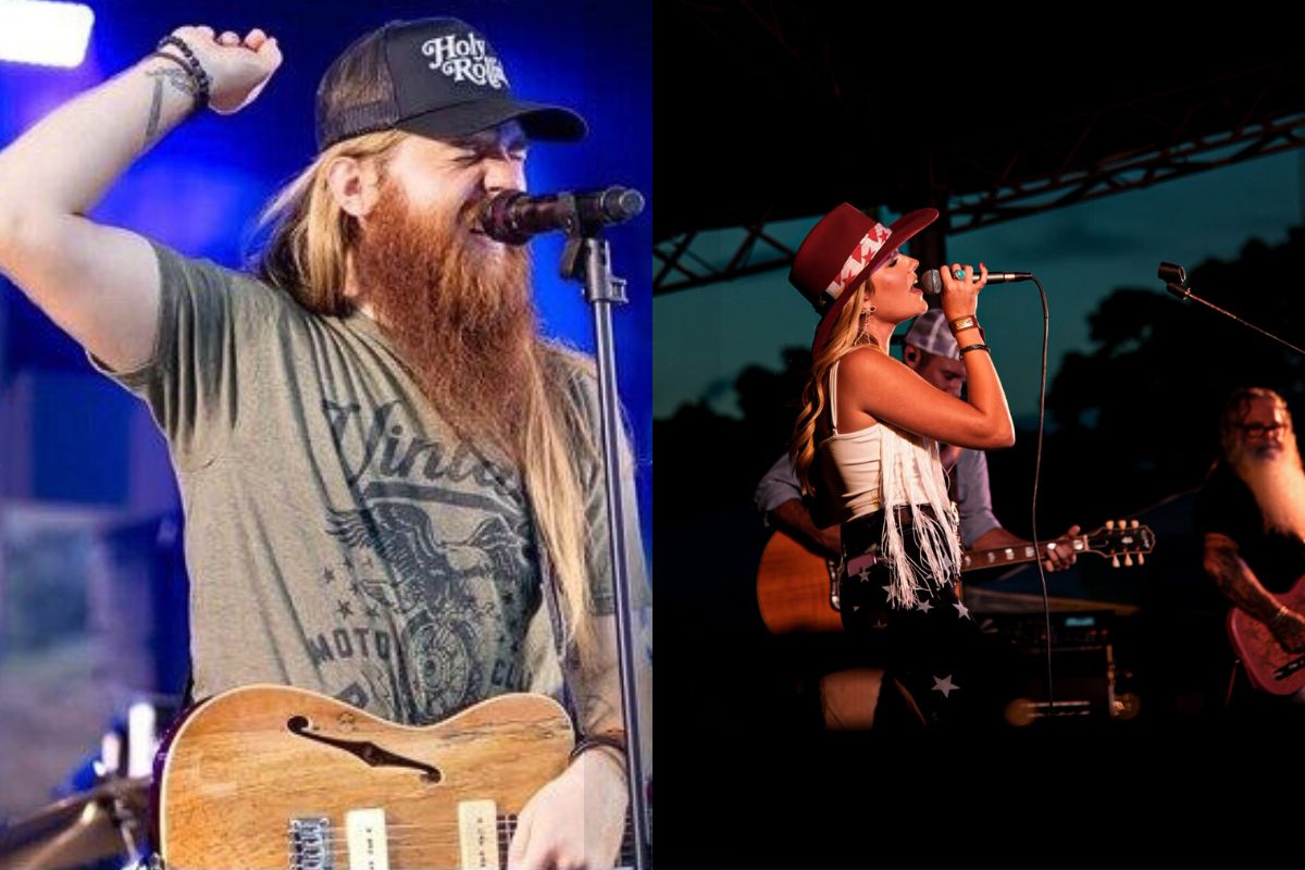 Two colored images side-by-side of a male musician on the left and a female musician on the right.