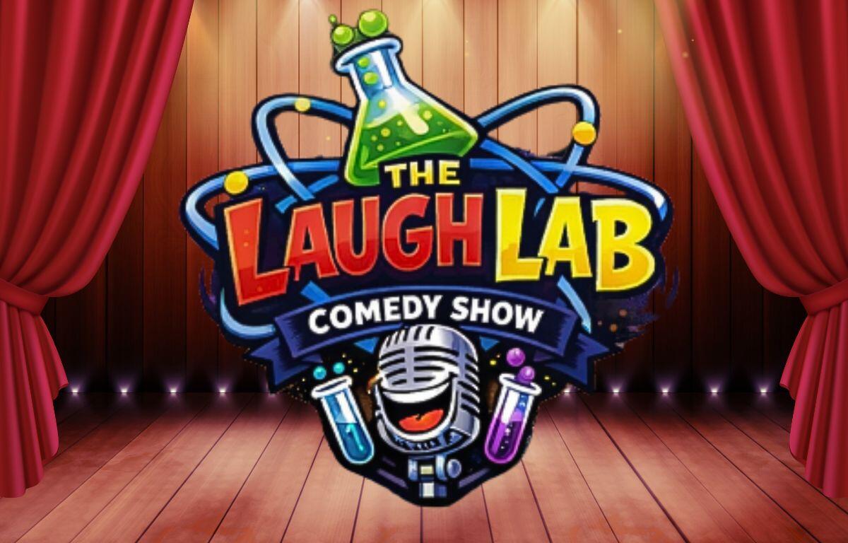 A colored stage background with show lighting and curtains with the Laugh Lab logo in the foreground.