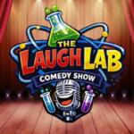 A colored stage background with show lighting and curtains with the Laugh Lab logo in the foreground.