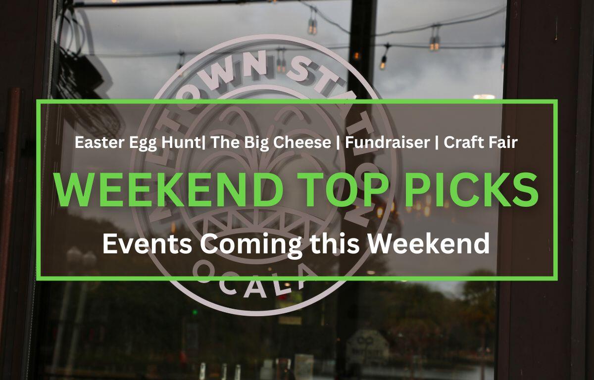 A white logo on a glass door has a fountain in the center with words in a circle around it reading, "Midtown Station Ocala." Easter Egg Hunt| The Big Cheese | Fundraiser | Craft Fair