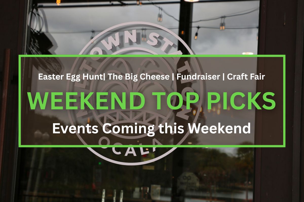 A white logo on a glass door has a fountain in the center with words in a circle around it reading, "Midtown Station Ocala." Easter Egg Hunt| The Big Cheese | Fundraiser | Craft Fair