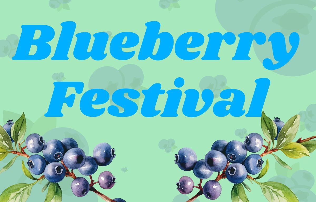 "Blueberry Festival" written in large blue letters on a green background with blueberry graphics around the picture.