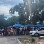 On the far left, palettes of food, trees in the background, people and cones in front of the palettes, and to their right, tents, and in front of that a car, with people handing out bags of food to people in cars.