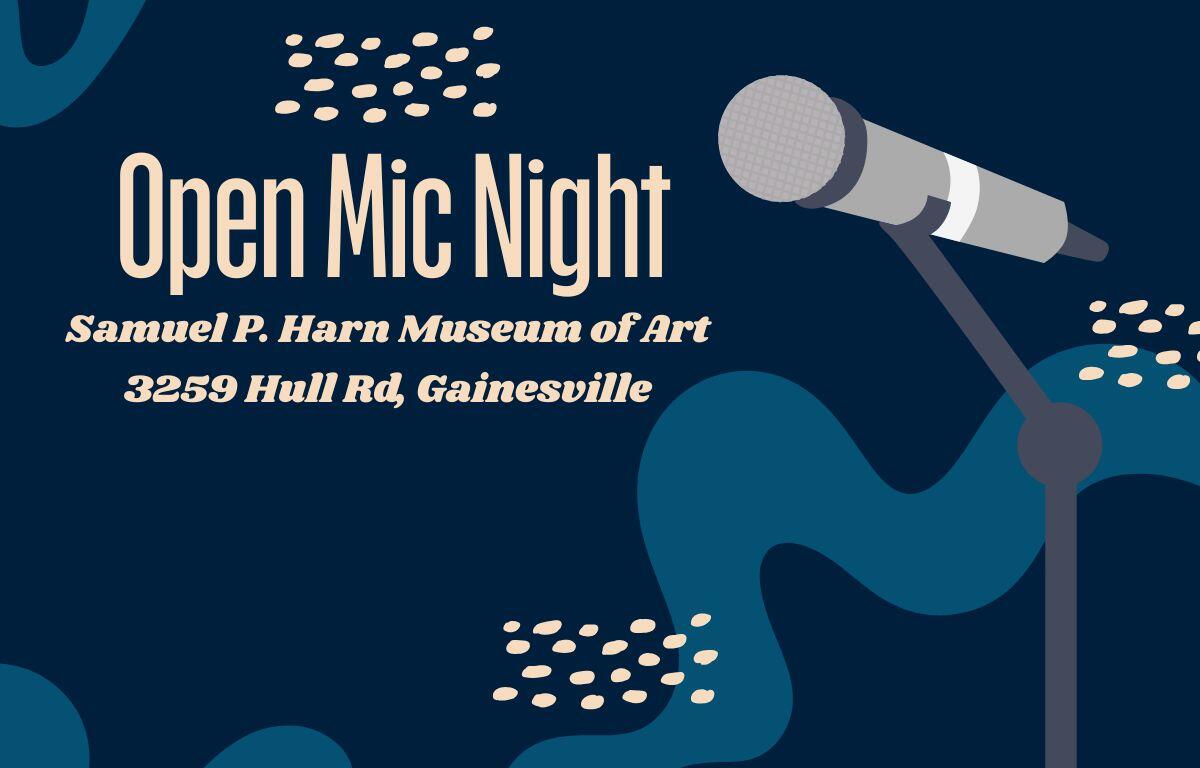 A dark-colored graphic features beige texting reading, "Open Mic Night." Next to the text is a microphone graphic.