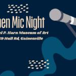 A dark-colored graphic features beige texting reading, "Open Mic Night." Next to the text is a microphone graphic.
