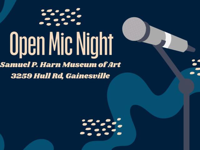 A dark-colored graphic features beige texting reading, "Open Mic Night." Next to the text is a microphone graphic.