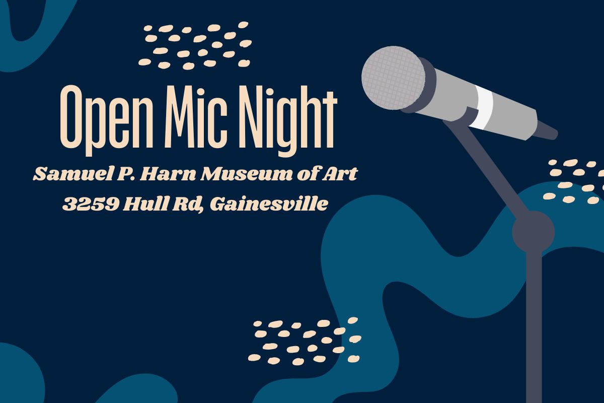 A dark-colored graphic features beige texting reading, "Open Mic Night." Next to the text is a microphone graphic.