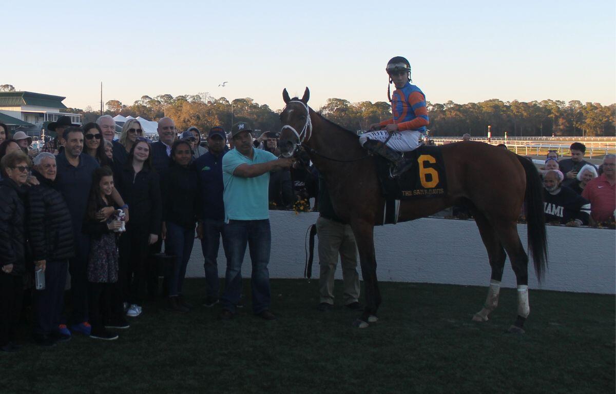 People to the left, with a racetrack, people and a tree line in the background, with a horse and rider up to the right.