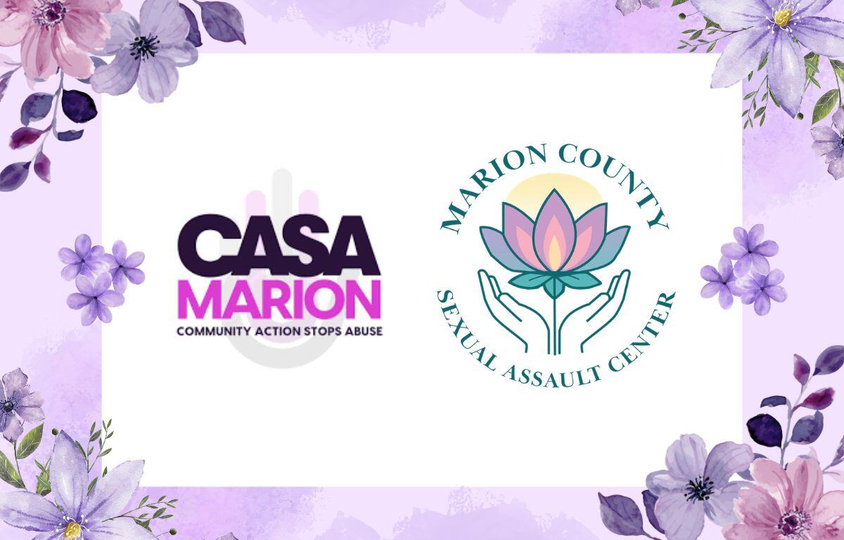 A colored image of a two logos, CASA Marion and Marion County Sexual Assault Center, against a white background with a purple floral border.