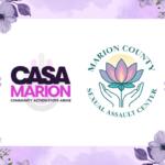 A colored image of a two logos, CASA Marion and Marion County Sexual Assault Center, against a white background with a purple floral border.