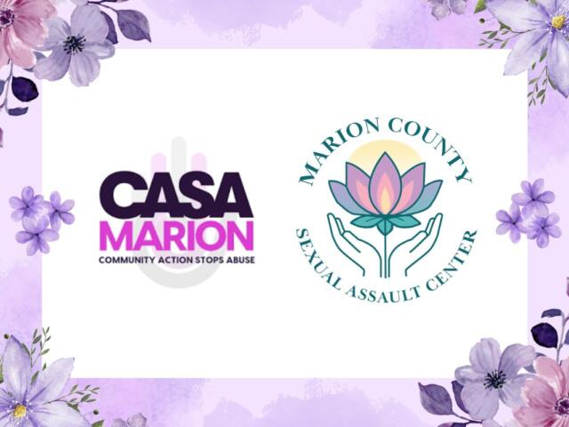A colored image of a two logos, CASA Marion and Marion County Sexual Assault Center, against a white background with a purple floral border.