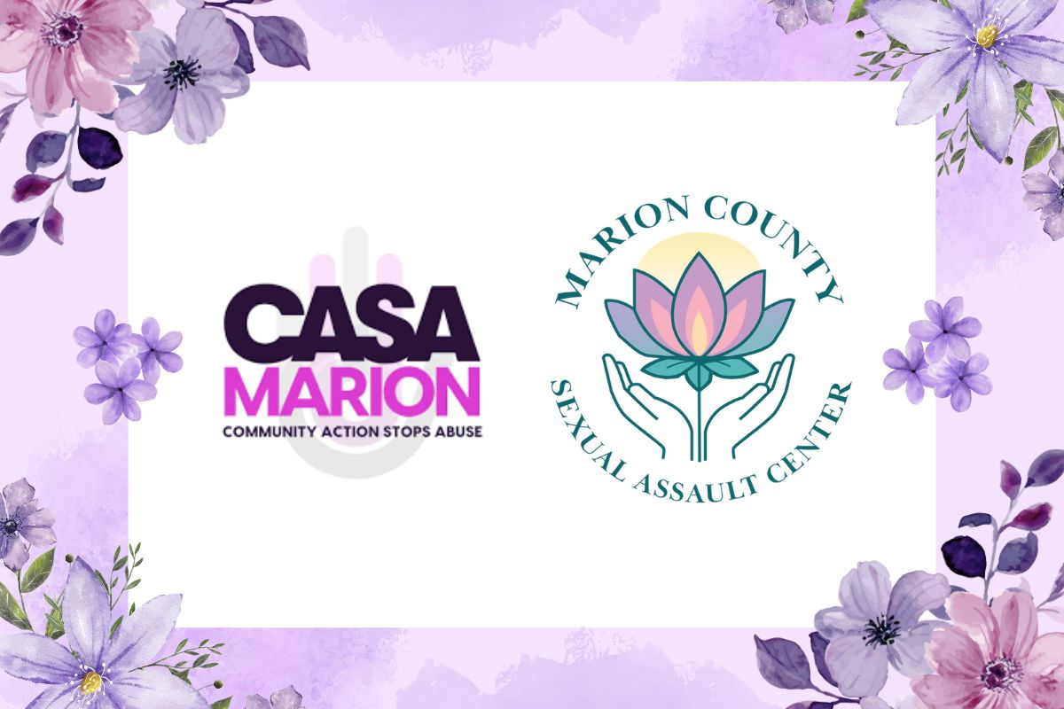 A colored image of a two logos, CASA Marion and Marion County Sexual Assault Center, against a white background with a purple floral border.
