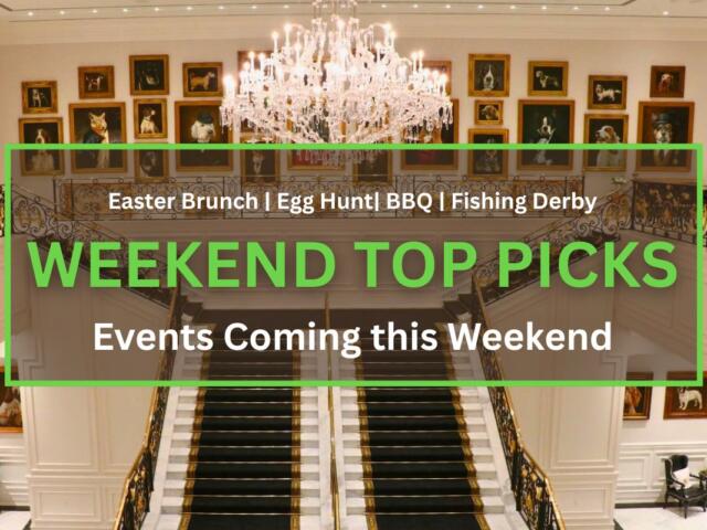 A grand staircase leads up to a second floor of a large, white manor. Paintings of dogs line the wall behind the stairs on the second floor. A large chandelier hangs above the staircase.