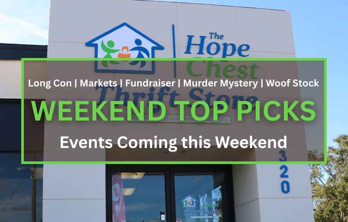 A storefront features a white wall with glass doors. Blue and green letters read, "The Hope Chest Thrift Store. A Ministry of Project Hope of Marion County." In the foreground is a brown box with a green border. White and green text inside of the box read, "Long Con | Markets | Fundraiser | Murder Mystery | Woof Stock. WEEKEND TOP PICKS. Events Coming this Weekend."