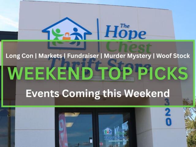 A storefront features a white wall with glass doors. Blue and green letters read, "The Hope Chest Thrift Store. A Ministry of Project Hope of Marion County." In the foreground is a brown box with a green border. White and green text inside of the box read, "Long Con | Markets | Fundraiser | Murder Mystery | Woof Stock. WEEKEND TOP PICKS. Events Coming this Weekend."
