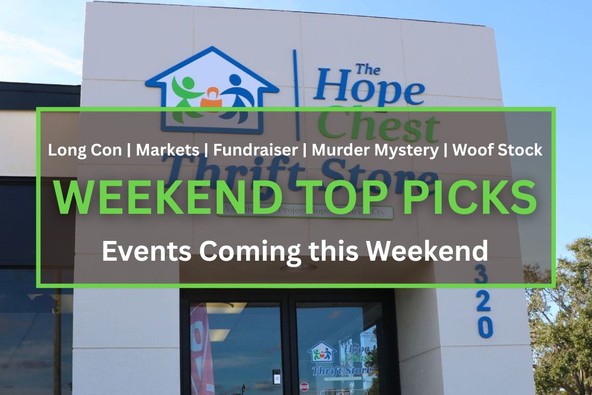 A storefront features a white wall with glass doors. Blue and green letters read, "The Hope Chest Thrift Store. A Ministry of Project Hope of Marion County." In the foreground is a brown box with a green border. White and green text inside of the box read, "Long Con | Markets | Fundraiser | Murder Mystery | Woof Stock. WEEKEND TOP PICKS. Events Coming this Weekend."