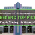 Front view of the Reilly Arts Center, featuring a gray and purple art deco facade with arched doorways and palm trees.