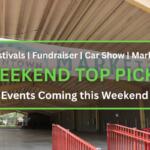 A large banner reading “Ocala Downtown Market" hangs under the roof of a covered pavilion. The structure features yellow steel beams and an open concrete floor, with string lights hanging from the ceiling. Red railings line the entrance, and trees and grass are visible in the background. In the foreground is a brown box with a green border. White and green text inside of the box read, "Festivals | Fundraiser | Car Show | Market. WEEKEND TOP PICKS. Events Coming this Weekend."