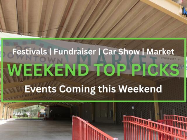 A large banner reading “Ocala Downtown Market" hangs under the roof of a covered pavilion. The structure features yellow steel beams and an open concrete floor, with string lights hanging from the ceiling. Red railings line the entrance, and trees and grass are visible in the background. In the foreground is a brown box with a green border. White and green text inside of the box read, "Festivals | Fundraiser | Car Show | Market. WEEKEND TOP PICKS. Events Coming this Weekend."