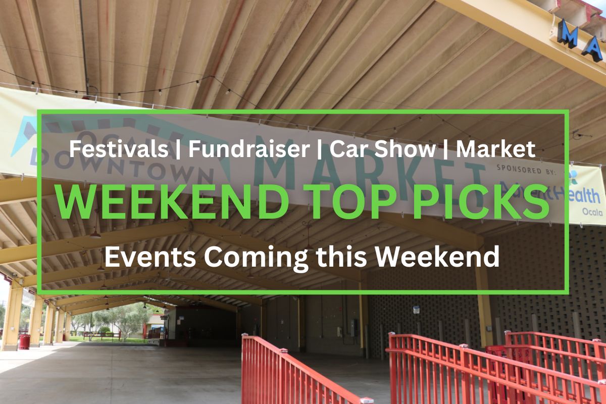 A large banner reading “Ocala Downtown Market" hangs under the roof of a covered pavilion. The structure features yellow steel beams and an open concrete floor, with string lights hanging from the ceiling. Red railings line the entrance, and trees and grass are visible in the background. In the foreground is a brown box with a green border. White and green text inside of the box read, "Festivals | Fundraiser | Car Show | Market. WEEKEND TOP PICKS. Events Coming this Weekend."