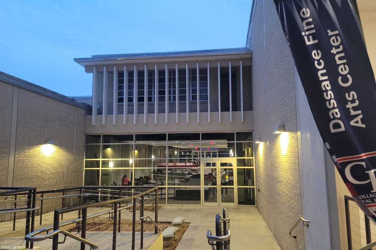 The exterior of a lobby outside of a theatre. A flag next to stair leading down into the lobby reads, "Dassance Fine Arts Center."