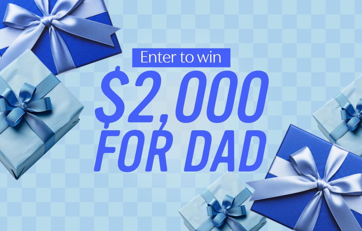 Blue gift boxes with silver ribbons on a blue checkered background; banner reads Enter to win $2,000 for Dad.