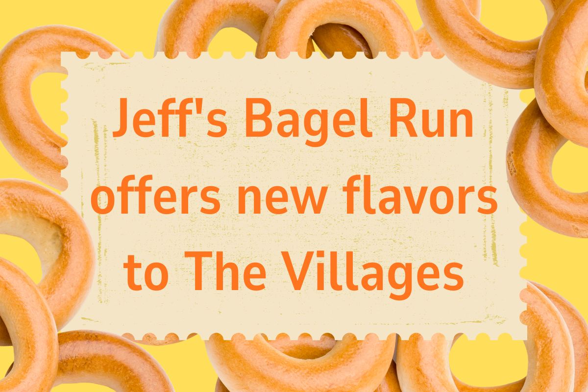 Poster for Jeff's Bagel Run with new flavors for The Villages, framed by bagels on a yellow background