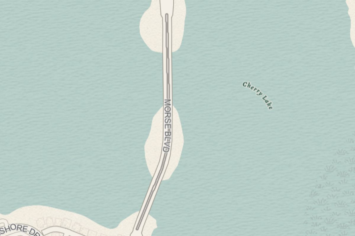 A blue and white map of Morse Boulevard.