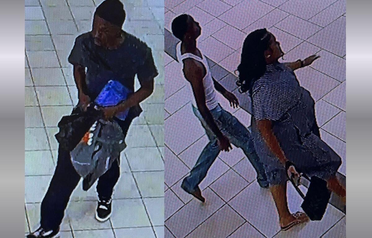 Two surveillance images released by Ocala police. The left image shows a man inside the mall. The right image shows a woman and a man walking together.